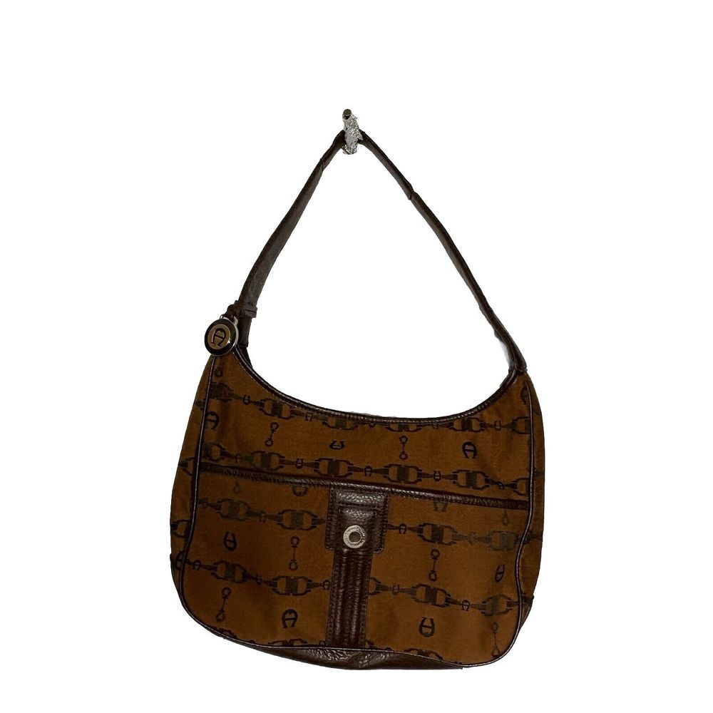 Vintage Y2K Etienne Aigner Logo Shoulder Bag Brown Fabric‎ Leather Trim Classic